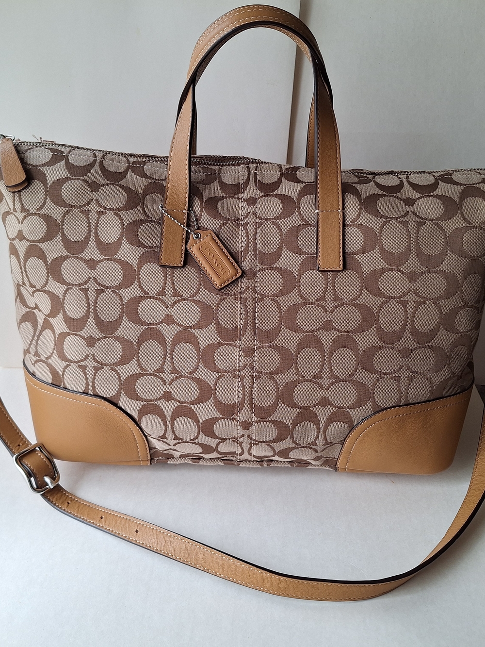 Coach Hadley Signature Zip Satchel Tote Bag with Leather Trim Laptop Shoulder - Picture 8 of 17